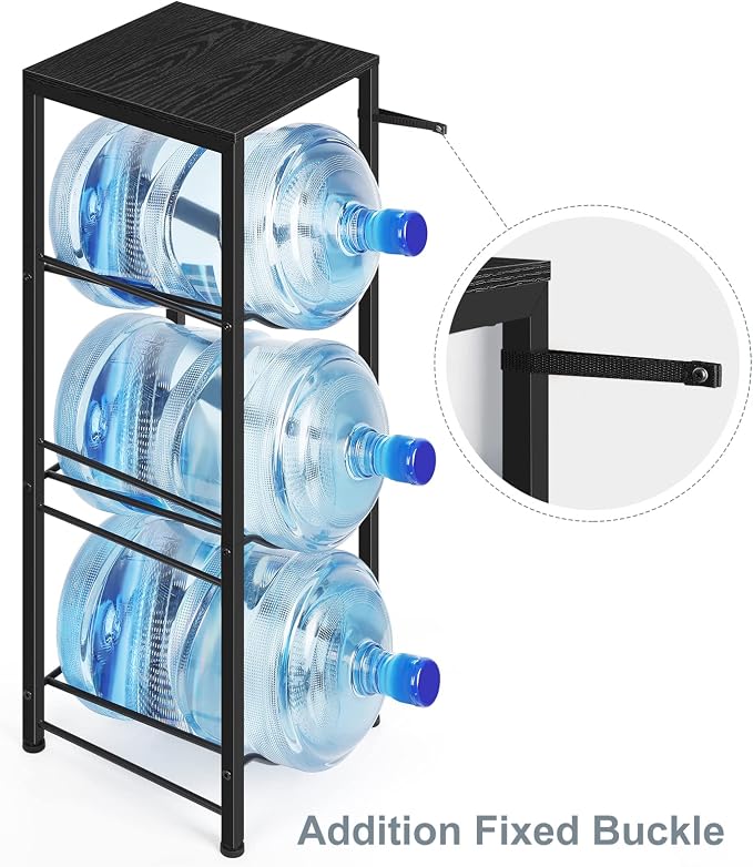 OYEAL Water Bottle Holder Organizer 5 Gallon Water Jug Stand with Shelves, 3-Tier Water Bottle Dispenser Stand for Kitchen Living Room Office, Black