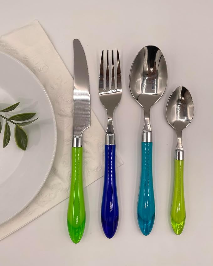 Gypsy Color Sea Green & Blue Mix & Match Stainless Steel Flatware Collection, Set of 16