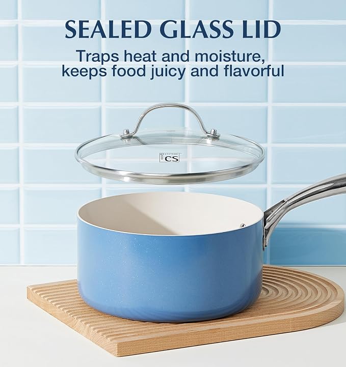 KOCH SYSTEME CS Nonstick Sauce Pan with Lid 1QT, 2QT & 3QT, Non-Toxic Ceramic Saucepan Set, Blue Sauce Pan Set, Multipurpose Cooking Pots Set, Compatible induction