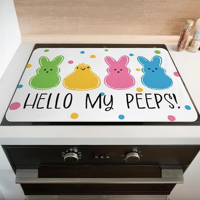 Happy Easter Glass Stove Top Covers for Electric Stove,Hello My Peeps Rabbit Bunny Chick Polka Dots Heat Resistant Cooktop Protector Non-Slip Washable Dish Drying Mat Rug Pad for Kitchen Decor 28"x20"