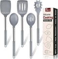 5Pcs Silicone Cooking Utensils Set, Heat Resistant Kitchen Tools Include Solid&Slotted Spatula, Cooking Spoon and Pasta Server, Silicone Kitchen Utensils set for Nonstick Cookware Flipping, Gray