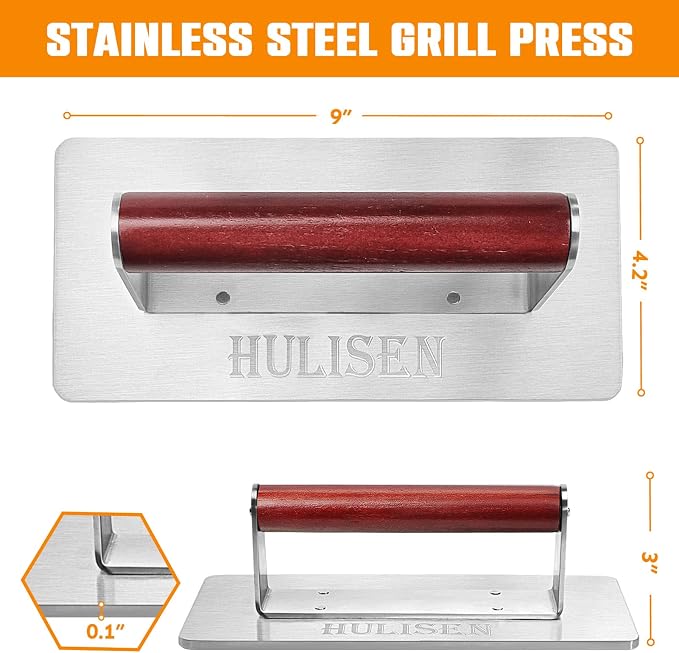 HULISEN Stainless Steel Bacon Press, 9 Inch Large Heavy Duty Burger Press with Wood Handle, Non-stick Grill Press for Griddle, Steak Weight Griddle BBQ Accessories for Panini, Sandwiches, Gift Package | Wood Handle, Long Rectangular Flat Edge, Reduce B...