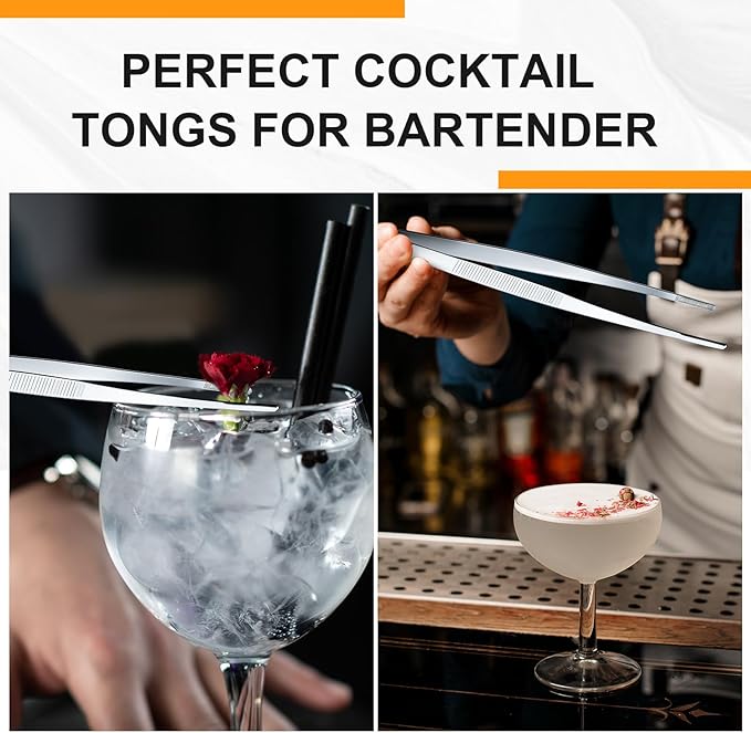 Yaomiao 8 Packs 12 Inch Bar Tweezers Silver Cocktail Tongs Long Garnish Tweezers Stainless Steel Bartender Kitchen Cooking Tongs for Cocktail Food Fruit Korean BBQ Bartender Chef, Multi-use
