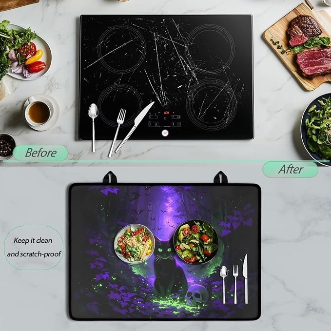 Gothic Black Cat Stove Top Covers for Gas Burners, Wear Resistant Electric Stove Top Cover, Anti Scalding Flat Range Stovetop Protector, Thick Dish Drying Mat, Easy to Clean