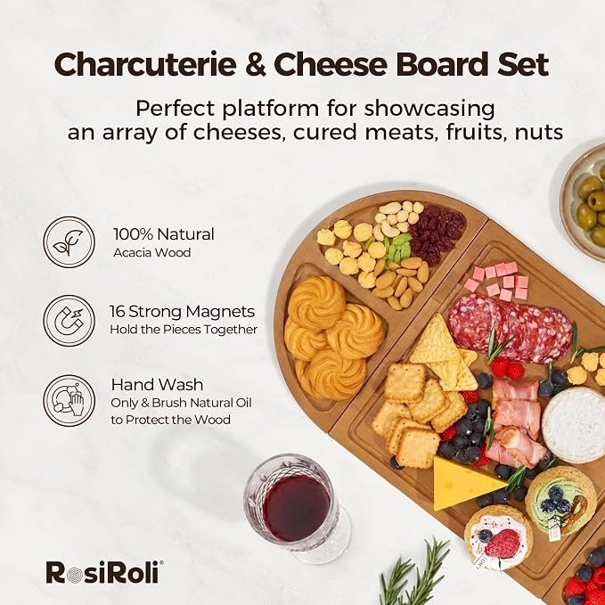 Magnetic Acacia Wood Charcuterie Board Set, 23-Inch Snack Tray | 100% Natural Acacia Wood, Magnetic 3-Piece Transformable Layout,Built-in Juice Grooves, Fits Parties and Gatherings