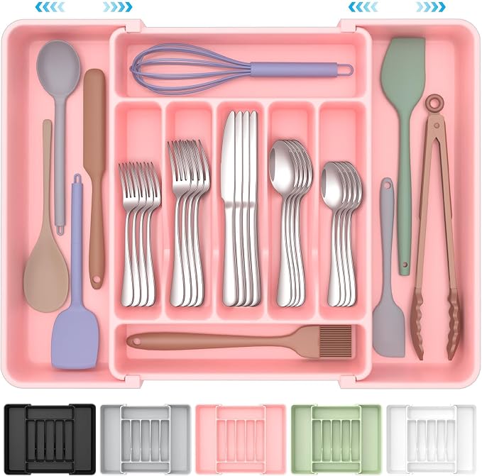 ukeetap Extra Large Expandable Silverware Organizer, Flatware Tray, Pink | BPA-Free Food-Safe Kitchen Utensil Cutlery Drawer Organizer, Adjustable Silverware Holder for Spoons Forks Knives