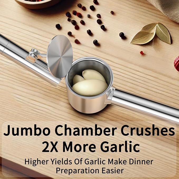 5-in-1 Stainless Steel Garlic Press Set with Jumbo Chamber & Mincer - Heavy Duty Rustproof Garlic Crusher with Ergonomic Handle, Dishwasher Safe, Easy Squeeze Design for Ginger, Nuts, Herbs