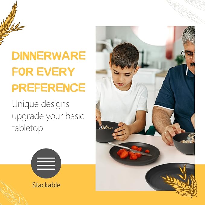 Teivio 32-Piece Plates and Bowls Sets for 8, Black Kitchen Dinnerware Sets | 13.5oz Cups, Plastic Wheat Straw Unbreakable Dish Set, Dishwasher Safe, for Outdoor Camping RV Apartment Essentials Plate Set