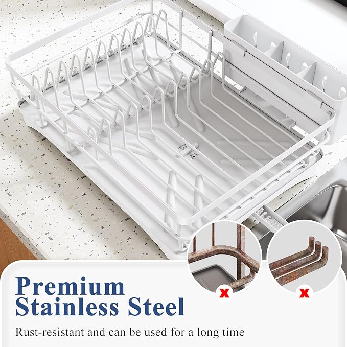SNTD Dish Drying Rack for Kitchen Counter, 11.8" W x 16.7" L, White | Rustproof Stainless Steel, Large Capacity, Self-Draining Drainboard, Rotating Spout, Removable Utensil Holder