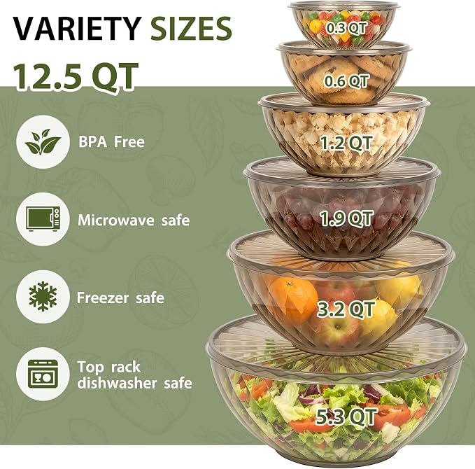 Plastic Mixing Bowls with Lids, 6 Piece Nesting Bowls Set for Kitchen | One-Press Lids, Meal Prep, Salad Mixing, Baking, Serving, Storing, Dishwasher & Microwave Safe, 5.3/3.2/1.9/1.2/ 0.6/0.3 QT
