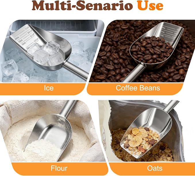 Mity rain 2PCS Dog Food Scoop Stainless Steel with Long Handle | Precise Measuring Cups, 1, 3/4, 1/2, 1/4 Cup, Pet Scoop for Cats, Rabbits, Animals, Metal Spoon for Dog Food Storage (2 CUP)