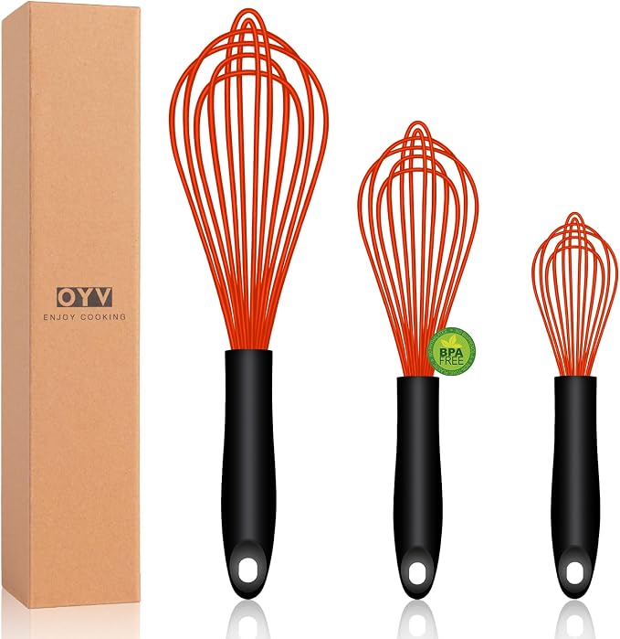 OYV Red Silicone Whisk Set of 3, 8/10/12 Inch, Dishwasher Safe | Sealed Waterproof Handles, Non-Scratch Silicone-Coated Wires, Nonstick-Safe, Durable Stainless Steel Cores, Easy To Clean
