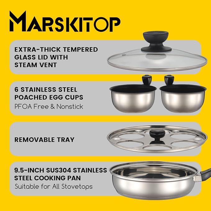 MARSKITOP Egg Poacher, Stainless Steel Poached Eggs Cooker, PFOA Free | 6 Large Nonstick Poached Egg Cups, Cool Touch Handle, Compatible with All Cooktops