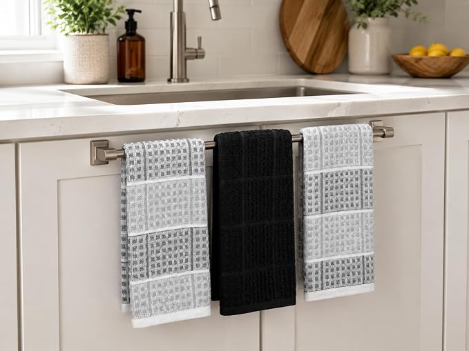 Black Gray Kitchen Dish Towels- Set of 3 100% Cotton Cloth Soft Cleaning Drying Absorbent Textured Honeycomb Weave- Oversized 28" x 18" Multipurpose Towels for Everyday Use