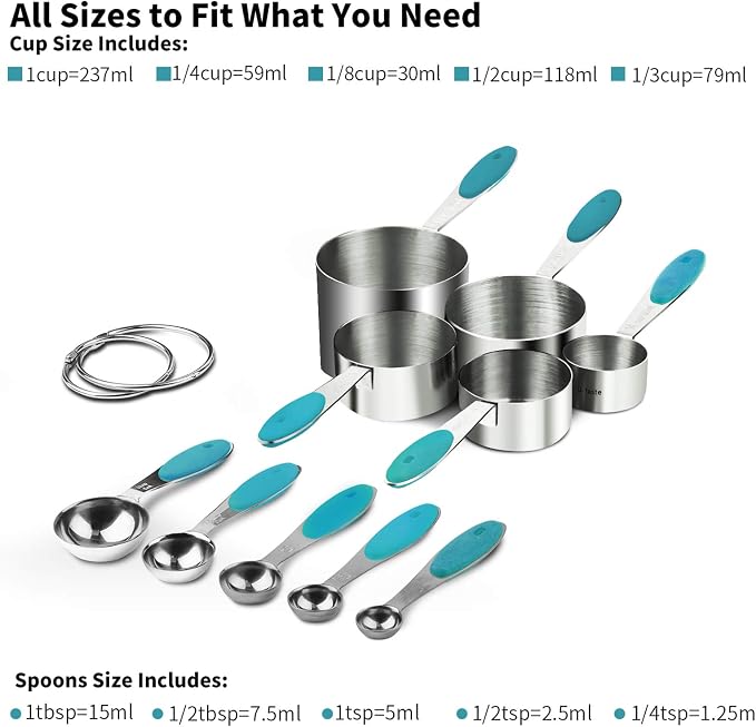 U-Taste Measuring Cups Spoons Set, 18/8 Stainless Steel, 10Pcs, Teal | Upgraded Thickened Handle, Reinforced Welded Joints, Nested Stackable Design, Metal Measure Set for Kitchen Baking Cooking