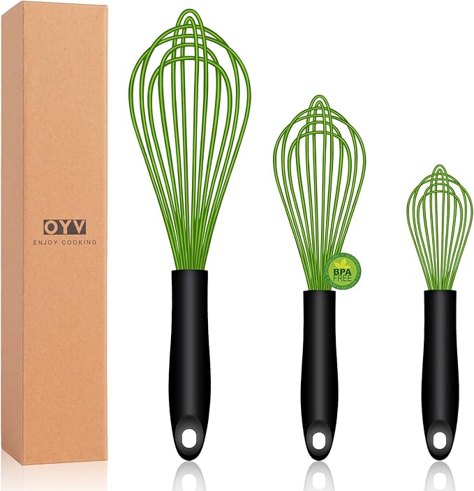 OYV Green Silicone Whisk Set of 3, 8/10/12 Inch, Dishwasher Safe | Sealed Waterproof Handles, Non-Scratch Silicone-Coated Wires, Nonstick-Safe, Durable Stainless Steel Cores, Easy To Clean