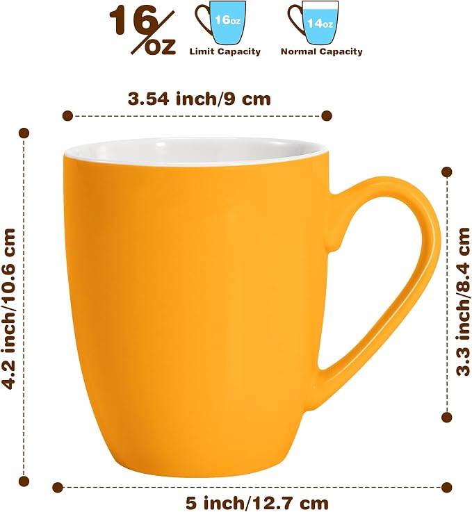 Urbanstrive 16 oz Large Coffee Mugs Set of 6 Ceramic Coffee Mug White Coffee Cups Tea Cups Idea Gift for Women Men House Warming Gifts New Home Office, Orange 6 Pack
