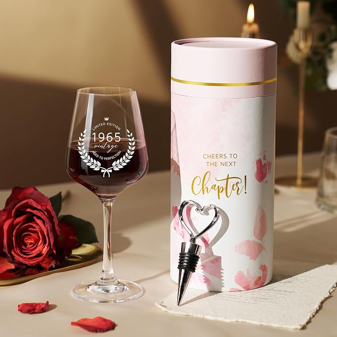 AW BRIDAL Happy 60th Birthday Gifts for Women or Men, Personalized 1965 Vintage Wine Glass Gift Set for Birthday Decorations Ideas, Born in 1965 Gifts for Mom Dad Grandpa Grandma Friends Coworkers