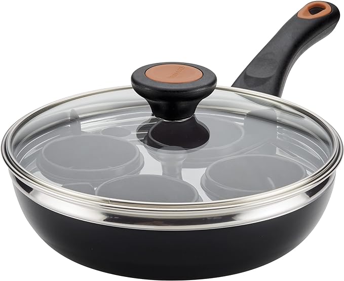 Farberware Glide Copper Ceramic Nonstick Egg Poacher Pan with Lid, 8-Inch, Black