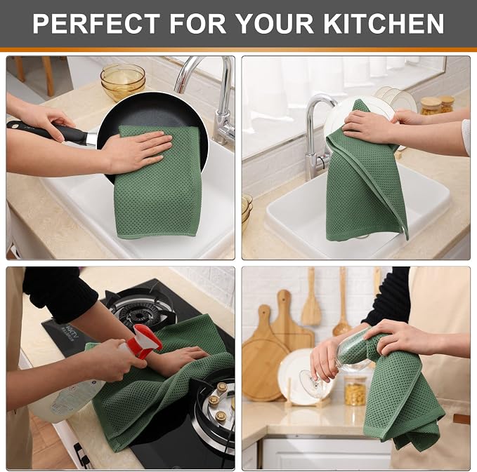 Kitinjoy 100% Cotton Waffle 4-Pack Kitchen Towels, 13" x 28", Grass Green | Super Soft, Ultra-Absorbent, Fast Drying, lightweight, Quick Drying Kitchen Hand Towels