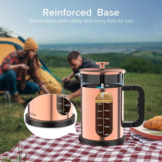 QUQIYSO French Press Coffee Maker 51oz, Stainless Steel Large French Press | Borosilicate Glass Coffee Maker,4 Filter,Coffee Press,Easy to Clean,Perfect for Party Kitchen Camping Travel Gifts(Copper)