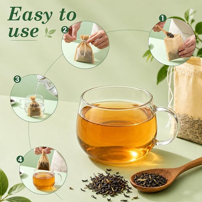 300PCS Disposable Tea Filter Bags with Drawstring | 100% Natural & Safe Loose Leaf Tea Empty Tea Bags, 1-Cup Capacity