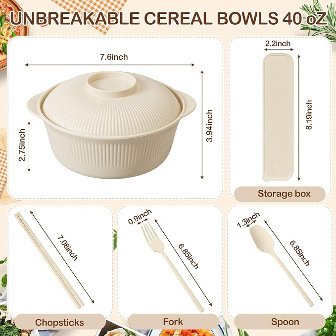 LemonRoad College Dorm Dishes Essential Kit 2 Sets Plastic Plates and Bowls 1 Set 40oz Microwave Cooker Ramen Bowl with Chopstick Spoon Fork Picnic Dinnerware Camping Set for College Dorm Room(Beige)