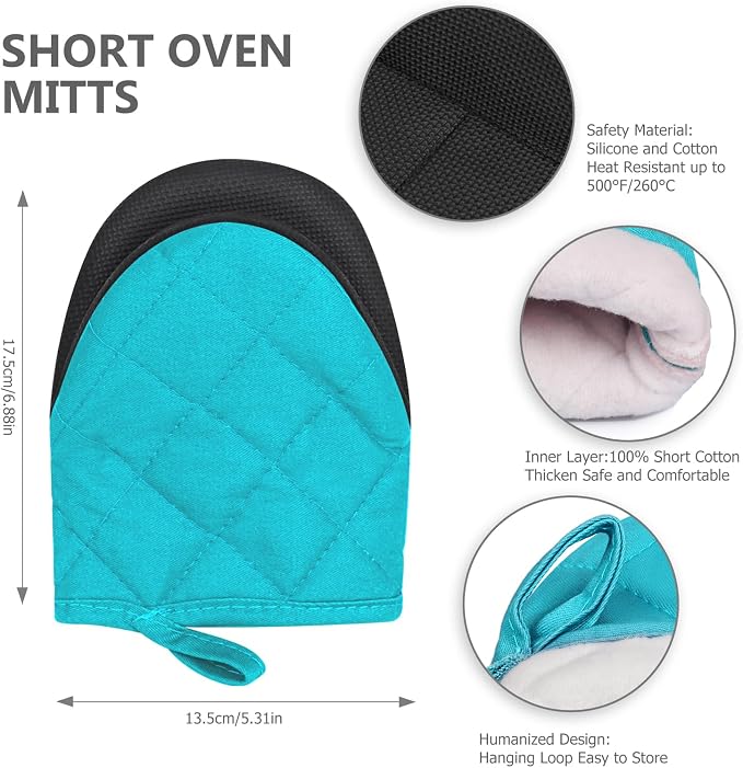 Goldmeet Mini Oven Mitts 2-Pack, 7"x5.5", 500°F Silicone Grip, Coral Blue | Non-Slip, Heat Resistant, Machine Washable, Hanging Loop, Fits Small Hands, for Baking Grilling BBQ Cooking