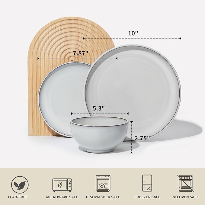 12 piece Santorini Mist Terracotta Reactive Glaze Plates and Bowls Sets, Stoneware Dinnerware Sets, Microwave and Dishwasher Safe Ceramic Dish Set Service for 4, Moonstone White