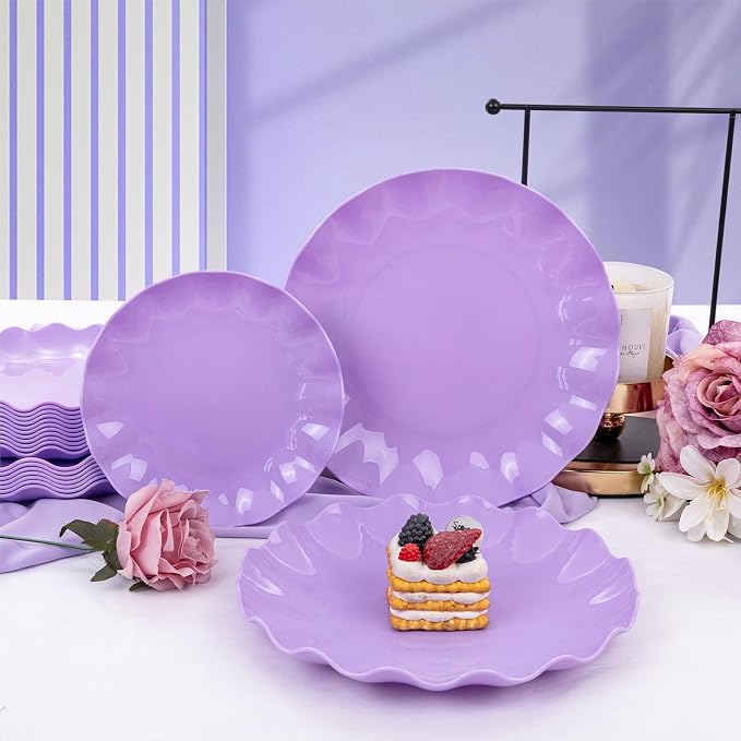 LIYH 24pcs Purple Plastic Plates Reusable, Unbreakable Dinner Plates, Scalloped Plate, Microwave & Dishwasher Safe Unbreakable Party Plate for Birthday Party (12Guests)