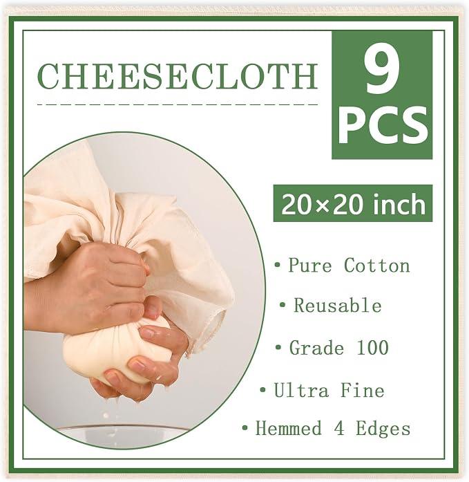 WMKGG 9 PCS Cheese Cloths, Grade 100, 20x20 Inch Cotton Cheesecloth with Hemmed 4 Edges, Reusable Unbleached Fine Mesh Cheesecloth for Straining, Cooking, Juicing, Cheese Making, Baking, Yogurt