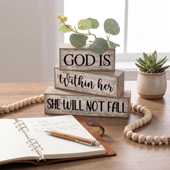 Lineshading 4 Pcs Wooden Blocks Christian Faith Signs for Women Home | Bible Verse Blocks, Rustic Stacked Design, Desk Tiered Tray Decor, Farmhouse Gifts Women, Inspirational Home Accents