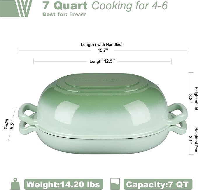 VORRINGARD Enameled Cast Iron Sourdough Bread Oven, Dutch Oven, Loaf Cast Iron Bread Pan for Homemade Bread Baking, Meatloaf Pan with Lid, 7QT, Green