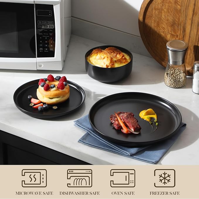 MALACASA 12 Pcs Porcelain Plates and Bowls Sets,Dinnerware Set for 4,Black | Modern Ceramic Dishware Set,Kitchen Dining Ware,Microwave and Dishwasher Safe,Simple Matt Black Design,Series LUNA