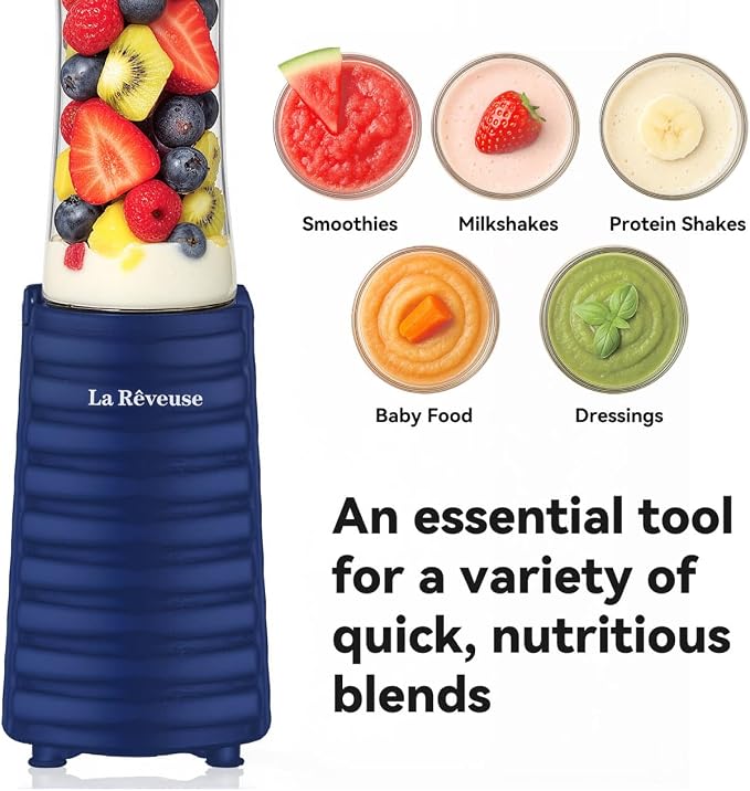 La Reveuse Personal Size Blender for Protein Shakes and Smoothies, Navy | 18oz BPA-free Portable Bottle with Spout Lid, Push to Blend, Suitable for Home, Apartment, Office, Dorm, 300 Watts, LARB1801N