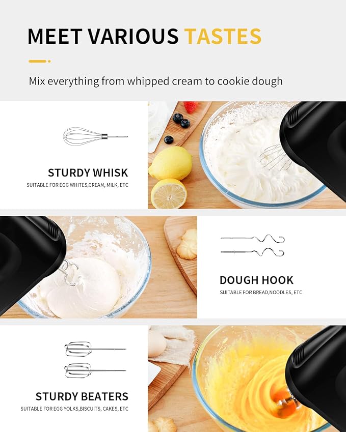 SHARDOR Hand Mixer Electric, 6 Speed & Turbo Mixer Electric Handheld, Snap-On Storage Case,5 Stainless Steel Accessories for Whipping, Mixing Cookies, Brownie, Cakes, Dough Batters (Black)