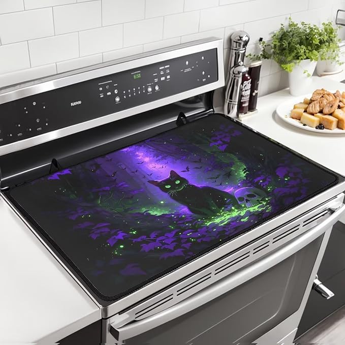 Gothic Black Cat Stove Top Covers for Gas Burners, Wear Resistant Electric Stove Top Cover, Anti Scalding Flat Range Stovetop Protector, Thick Dish Drying Mat, Easy to Clean