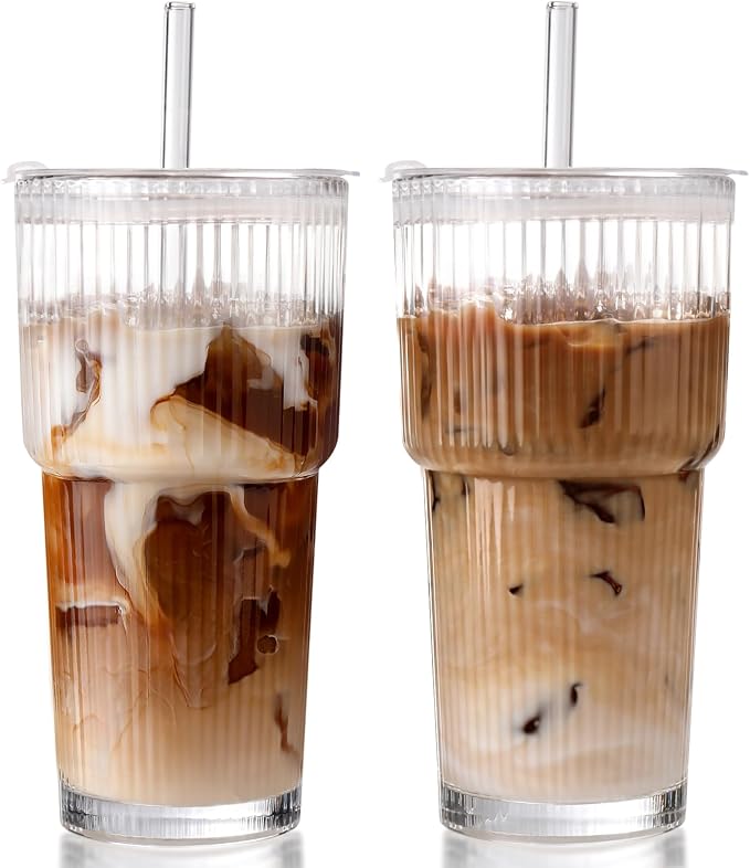 Iced Coffee Cups with Lids 2Pcs: Ribbed Glass Tumbler with Straw and Lid 20oz - Vintage Glass Cups with Lids and Straws - Tumbler Leak Proof Aesthetic Drinking for Coffee Bar Accessories