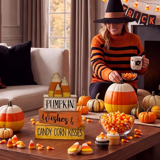 Lineshading 4 Pcs Fall Decoration For Home Wooden Candy Corn Stacked Blocks | Rustic Wood Blocks with Candy Corn Topper, Pumpkin Wishes Text, Tabletop Centerpiece for Thanksgiving Fall Home Decoration