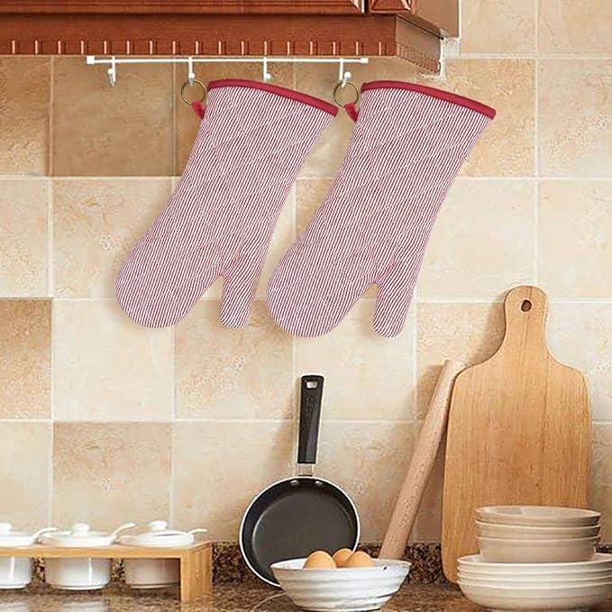 Yarn Dyed Oven Mitts 1 Pair， 100% Cotton Heat Resistant 470 Degree | Oven Gloves for Men Women Cooking Baking Barbecue BBQ Microwave Crafting Machine Washable Pot Holders Mittens (Red 2)