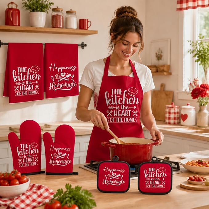 Sratte 6 Pcs Kitchen Decor Accessories Set, Kitchen, Red | Farmhouse Kitchen Towels Pot Holders Oven Mitts Set 2 Dish Towels 2 Potholders 2 Cooking Mittens for Baking Cooking Supply
