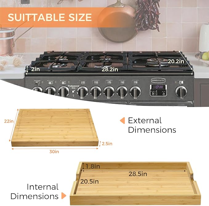 Fun Memories Noodle Board Stove Cover - Bamboo Wood Top Covers for Electric and Gas Sink RV 30 inL x 22 inW x 2.5 inTh Raised Cutting with Legs Juice Grooves