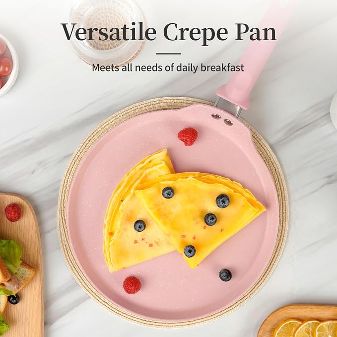 Innerwell 11 Inch Nonstick Crepe Pan,Granite Coated Pancake Pan-Pink | Granite nonstick coating, PFOA-free. Works on gas, electric, ceramic & induction. Easy-release & easy-clean.
