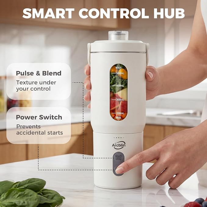 Portable Blender Shakes & Smoothies, Small Personal Blender, White | 17oz Detachable To-Go Cup, Carry Handle, USB-C Rechargeable, 6-Leaf Stainless Blades, Auto-Shutoff, BPA-Free, Hand Wash