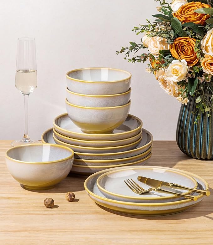 Ceramic Dinnerware Set for 4, 12-Piece Plates and Bowls Set | Lightweight Porcelain Dish Set, Scratch Resistant, Oven & Microwave & Dishwasher Safe, Autumn Mist