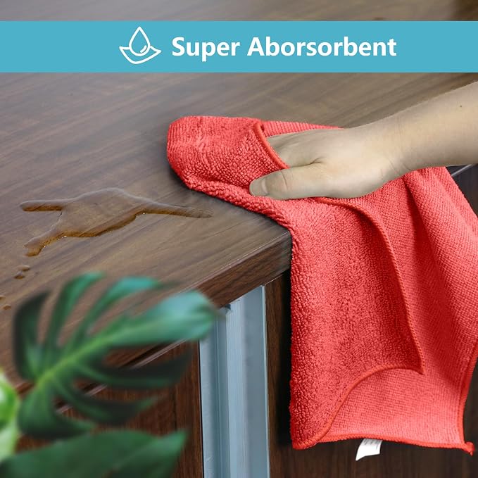 HOMEXCEL 100PK Microfiber Cleaning Cloth, Cleaning Rag for Home, 11.5x11.5 | Reusable, Lint Free, Scratch-Free and Highly Absorbent Towels for Kitchen, Bathroom, Toilet, Sink, Red