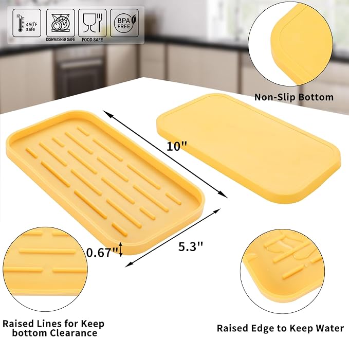MicoYang Silicone Kitchen Sink Organizer Tray for Multiple Usage,Easy Clean,Eco-Friendly Sponges Holder for Kitchen Bathroom Counter or Sink,Dish Soap Dispenser,Scrubber,Bottle,Cup Yellow 10”x 5.3”