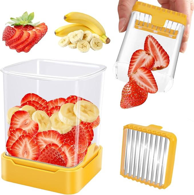 Strawberry Slicer Cup, Fruit Cutter, Quick-Slice, Meal Prep, Yellow | Dual-Function Base, Easy-Clean & Storable – 304 Stainless Steel Blade – Quick & Safe Slicing Kitchen Gadget