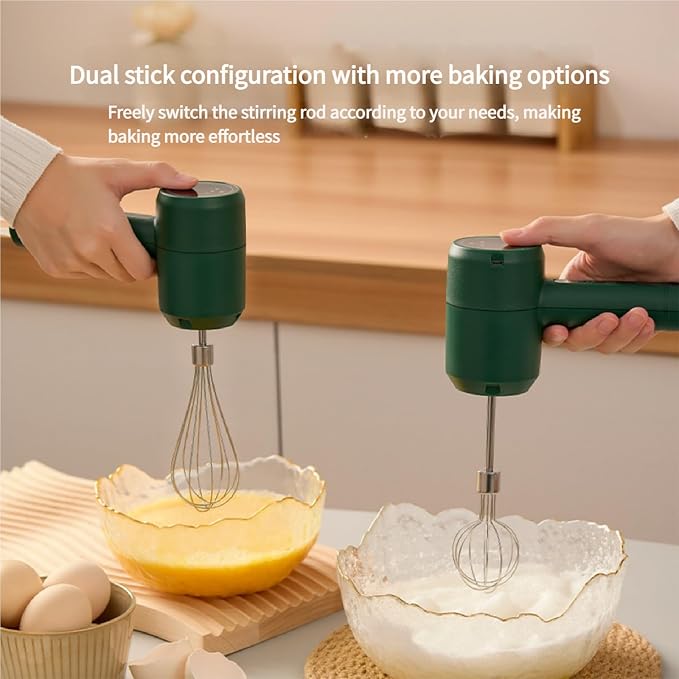 Cordless Hand Mixer, USB Rechargeable Electric Hand Mixer with 3 Speeds, Detachable Stainless Steel Whisks, Compact Egg Beater for Baking, Batter, Whipped Cream - Stress-Free Sage Green
