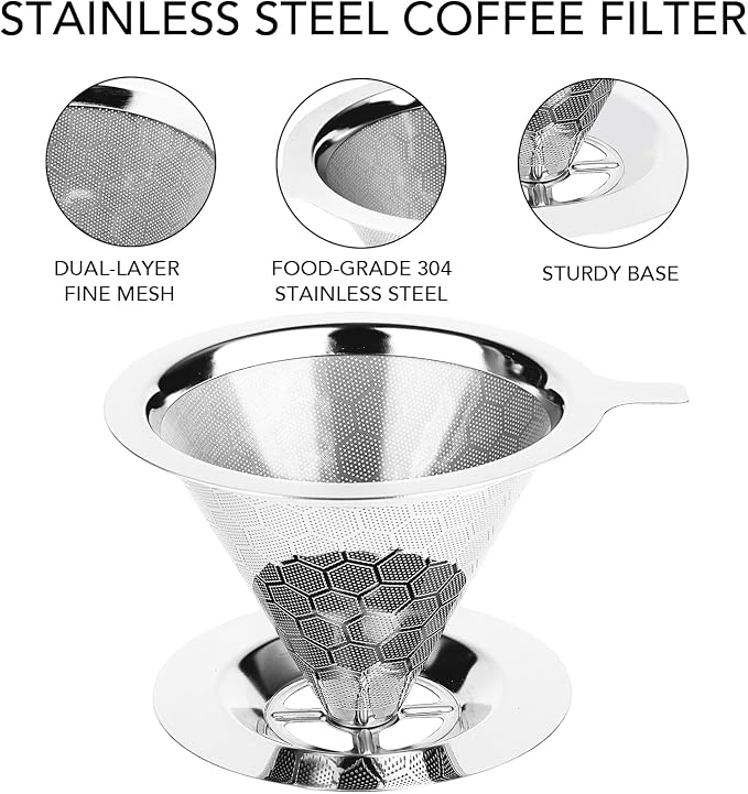Pour Over Coffee Maker, Single Cup | Reusable Metal Coffee Filter, 304 Stainless Steel